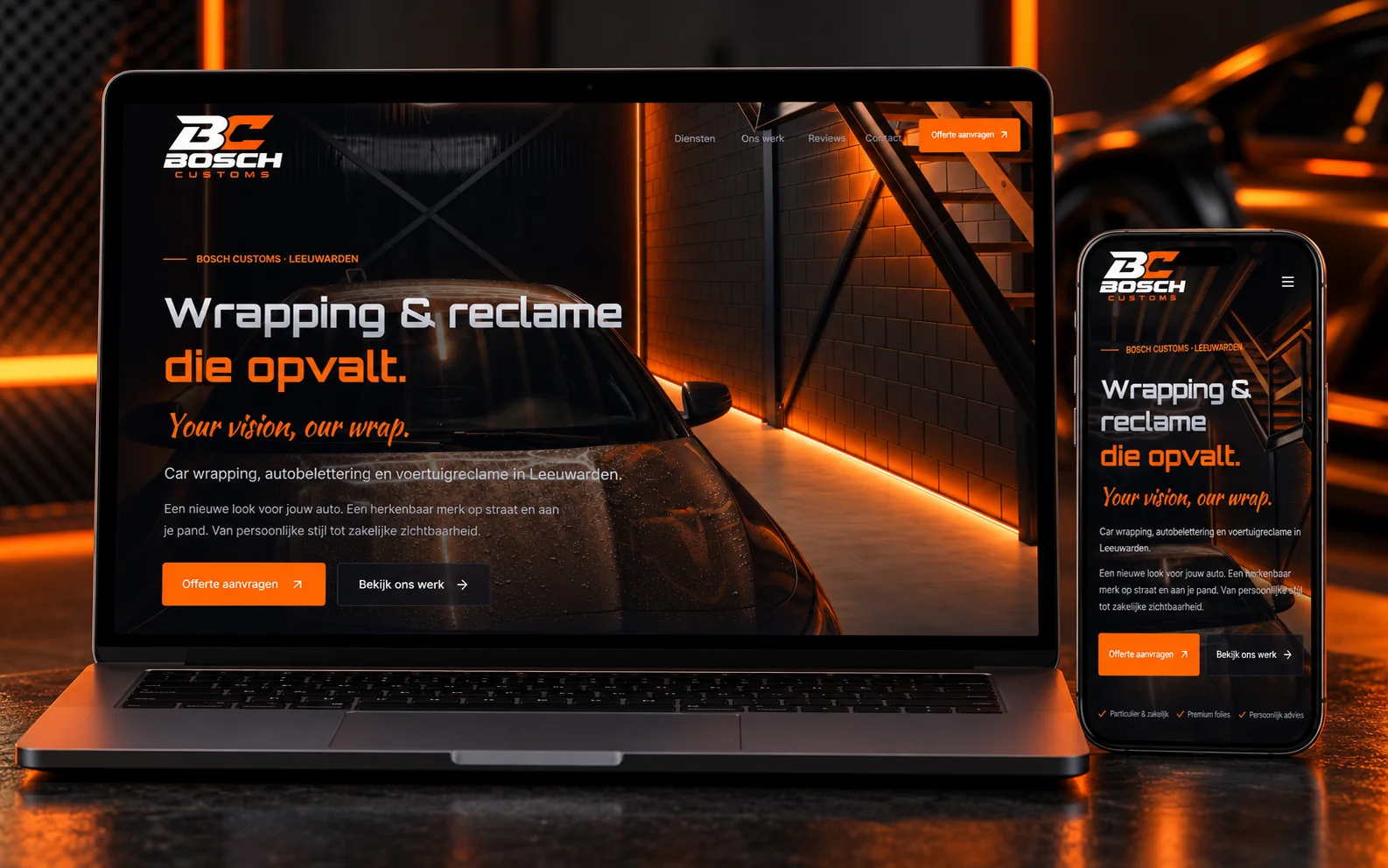 Bosch Customs website op laptop en telefoon
